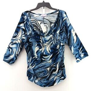 Everyday Blouse Women Size 2XL Blue White Swirl 3/4 Sleeve Scoop Neck Casual Top